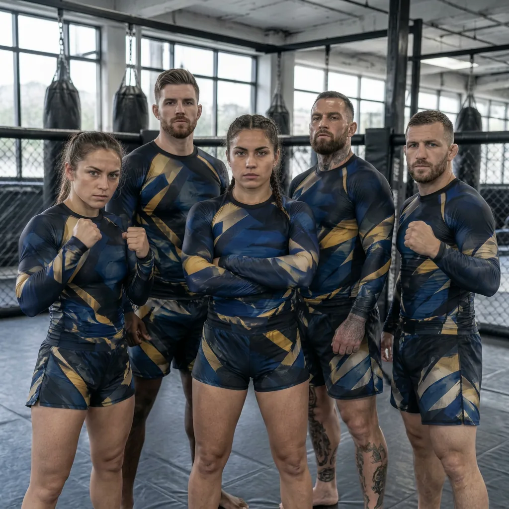 Un club di sport da combattimento con rashguard e pantaloncini uguali personalizzati con sublimazione, in piedi con atteggiamento deciso sul tappeto della sala di allenamento