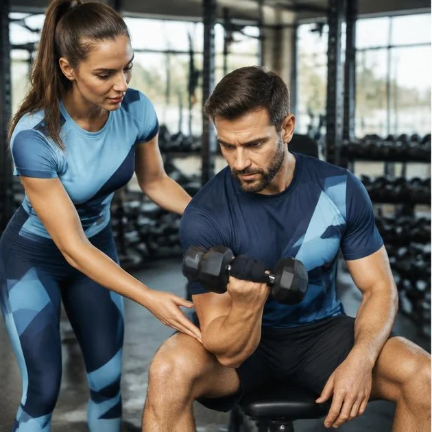 Trenerka fitness wspierająca klienta przy ćwiczeniu z hantlem