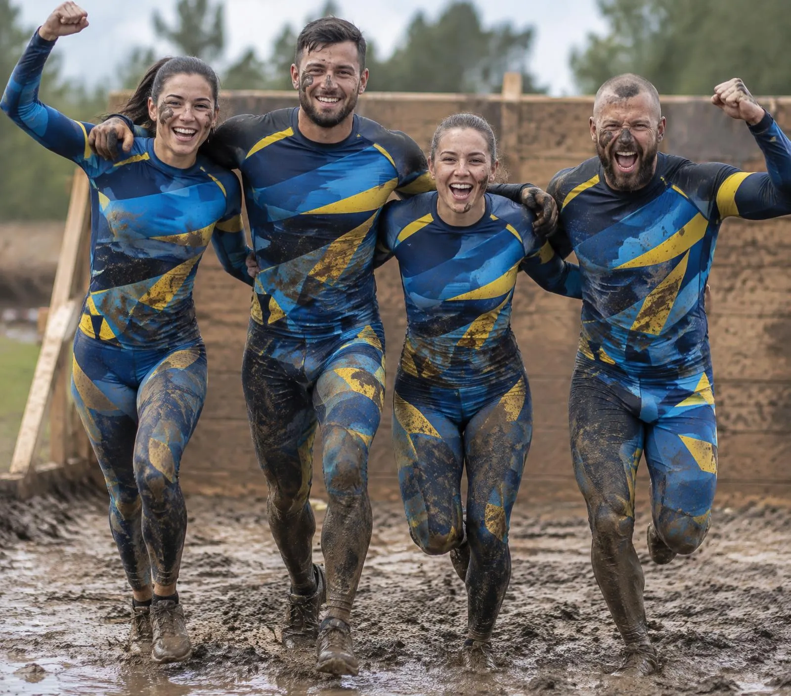 Un team OCR con rashguard e leggings uguali che corre nel fango lungo il percorso di una corsa a ostacoli