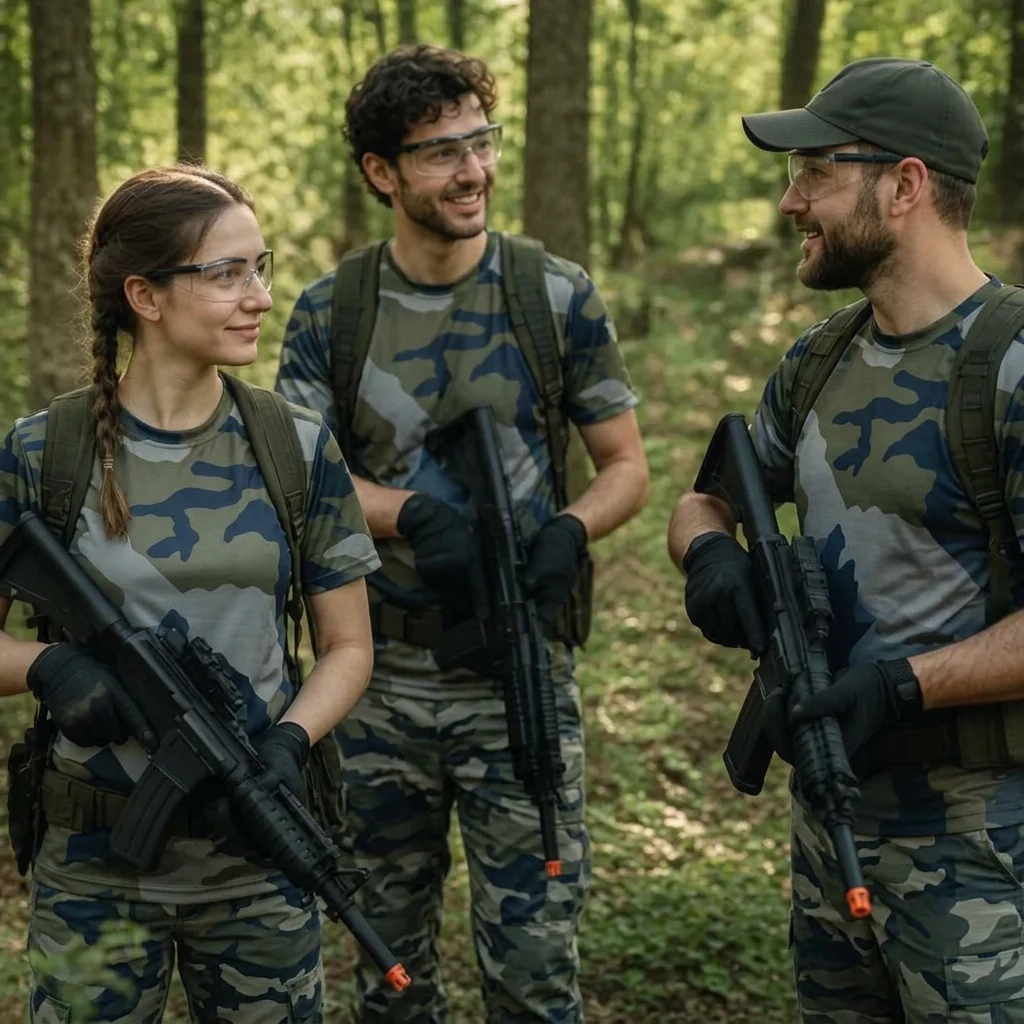 Drużyna airsoftowa w lesie z ochroną oczu i replikami skierowanymi w dół