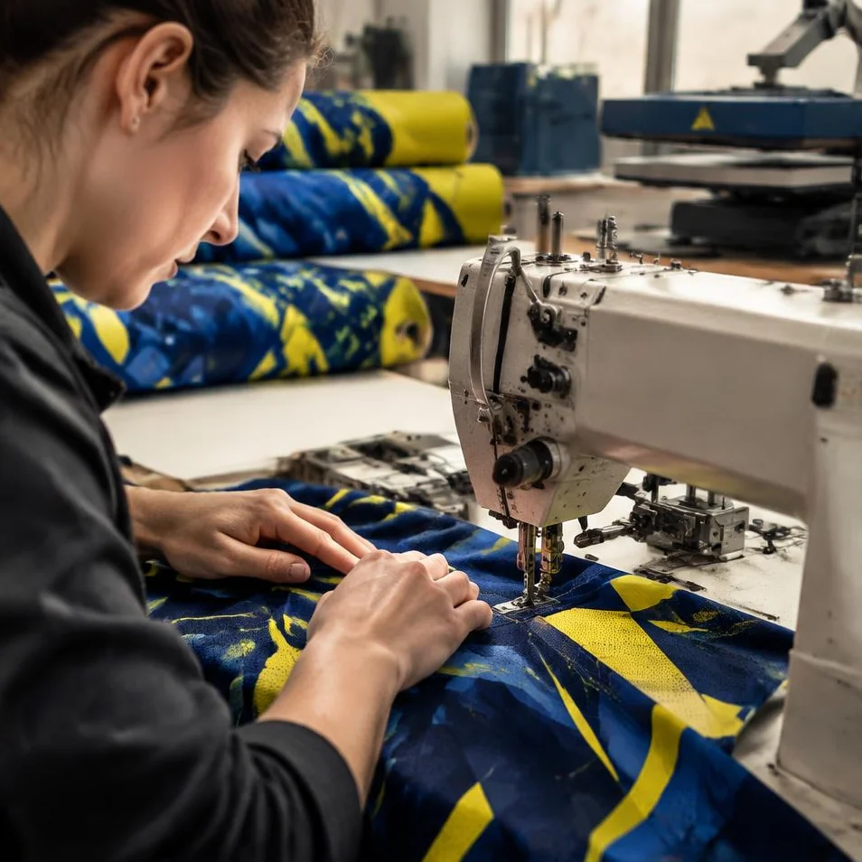 Szycie wzorzystej odzieży sportowej w pracowni produkcyjnej
